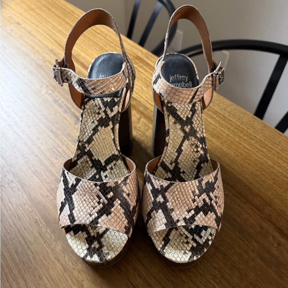 Jeffrey Campbell Black and Tan Snake Print Summers platform heel